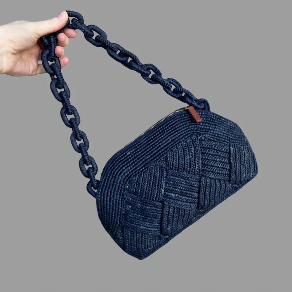 SEZANE Navy Blue Woven Braided Raffia Shoulder Bag Chain Link Strap Isabelle Bag - Picture 3 of 14